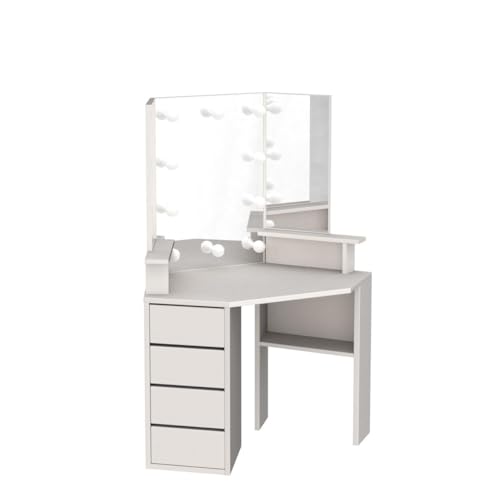 Vabches Corner Vanity Desk with Lighted Mirror & Power Strip,White Makeup Vanity Table with Lights,42 inch Corner Vanity Mirror with Lights and 4 Drawer, 3 Lighting Modes, Brightness Adjustable Vabches