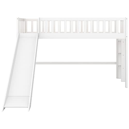 Twin Size Low Loft Bed with Removable Slide and Safety Rails by RORIGAT – Solid Pine Wood Frame, Space-Saving Design in White - WoodArtSupply