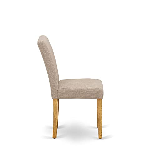 East West Furniture ABP4T04 Abbott Parson Dining Chairs - Light Tan Linen Fabric Padded Dinette Chairs, Set of 2, Oak East West Furniture