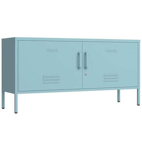 Aiasuit Blue Lockable Metal TV Stand Entertainment Center, Heavy Duty Storage Cabinet Supports 80+ Inch TVs, Multifunctional Media Console for Home Living Room Office 22" H X 35.4" W X 13.8" D Aiasuit