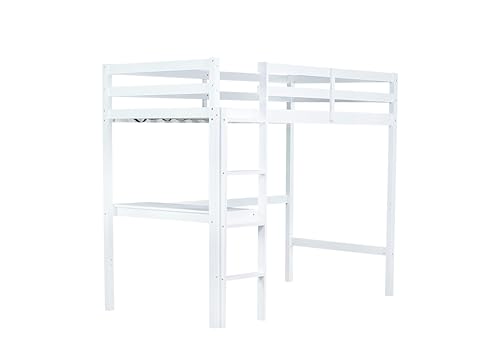 Twin Size High Loft Bed with Built-in Desk,Rubber Wood Loft Beds for Kids with Ladder & Safety Guardrail,Space-Saving Study and Sleep Combination,Wooden Frame for Bedrooms,Easy Assembly,White GDFStudio