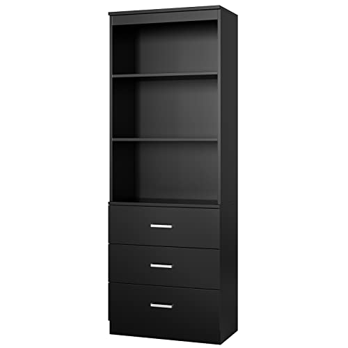 FOTOSOK 71 Inches Tall Vintage Storage Cabinet with 3 Drawers and Open Shelves - Elegant Wooden Bookshelf Organizer in Black - WoodArtSupply