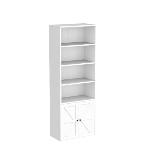 White Industrial Bookcase with Doors - 71.4in Tall Farmhouse Wooden Bookshelves by IDEALHOUSE