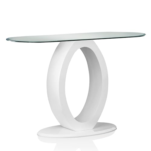 Furniture of America Modine 47" Long Contemporary Console Tables, Modern Furniture, Beveled Tempered Glass, O-Shaped High Gloss Pedestal, for Entryway, Hallway, Living Room, White Furniture of America