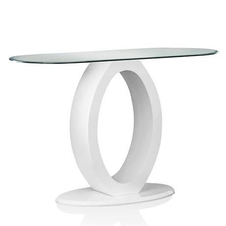 Furniture of America Modine 47" Long Contemporary Console Tables, Modern Furniture, Beveled Tempered Glass, O-Shaped High Gloss Pedestal, for Entryway, Hallway, Living Room, White Furniture of America