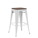 Alunaune 24" Metal Bar Stools Set of 4 Industrial Backless Counter Height Barstools Kitchen Patio Stool Stackable with Wooden Seat- White Alunaune