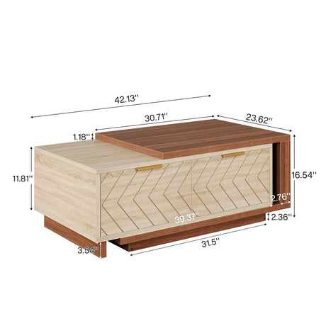 Extendable Coffee Table With 2 Storage Drawers, Dual Tone With Sliding Top, Hidden Storage - Walnut HouseOfZazla