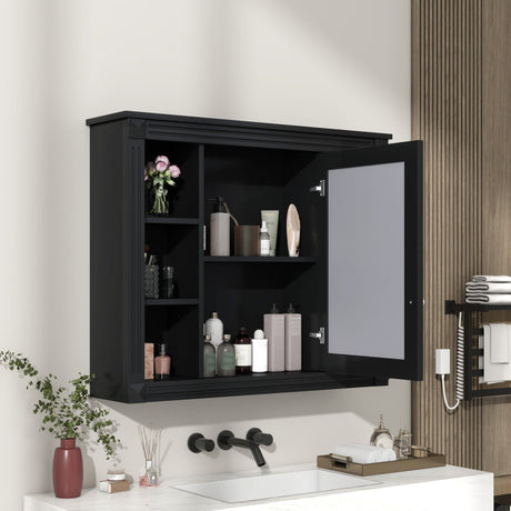 Wall-Mounted Bathroom Storage Cabinet With Mirror, 6 Open Shelves - Black HouseOfZazla