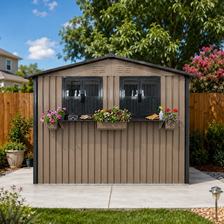 6x9 FT Outdoor Metal Storage Shed with Window & Flower Rack HouseOfZazla
