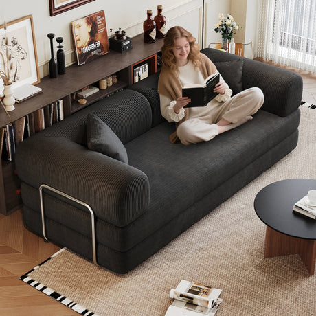 78.8' Compression Sofa,Convertible Floor Sofa Bed-with Pillow Back Support Armrest,Comfy Futon Couch Sleeper Bed,Loveseats Boneless Modular Sectional Sofa,Corduroy fabric,for Living Room,Bedroom,Black HouseOfZazla