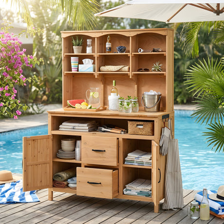 TOPMAX Large Fir Wood Potting Bench with Hutch, Cabinets & Drawers HouseOfZazla