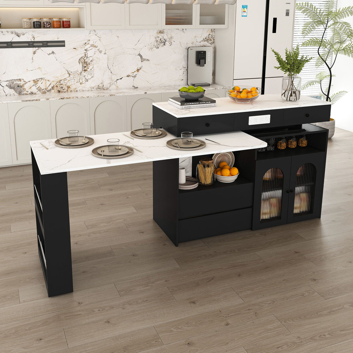 Kitchen Island With Extendable Rotating Table, 4 Drawers & Glass Door Cabinets, Built In Socket - Black