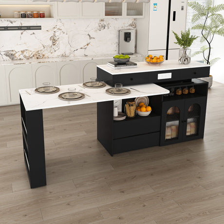Kitchen Island With Extendable Rotating Table, 4 Drawers & Glass Door Cabinets, Built In Socket - Black HouseOfZazla