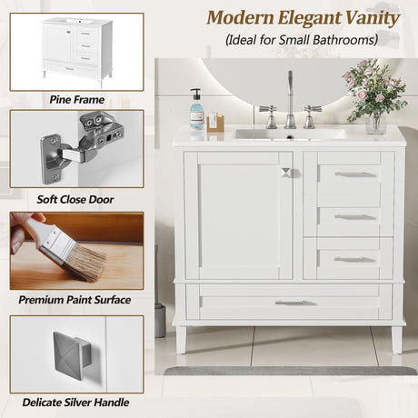 Bathroom Vanity, Modern Bathroom Cabinet With Sink Combo Set, Bathroom Storage Cabinet With A Soft Closing Door And 3 Drawers, Solid Wood Frame HouseOfZazla