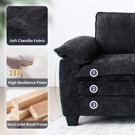 Living Room Furniture Big Loveseat Luxury Couch with Soft Chenille Upholstered Sofa Black HouseOfZazla