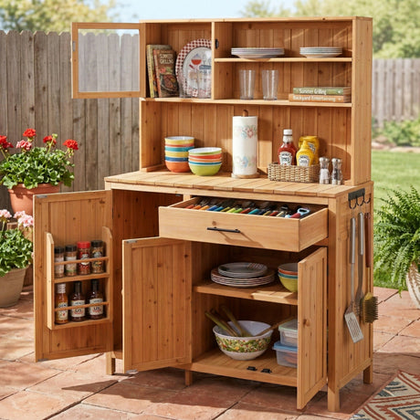 TOPAMX Potting Bench with Hutch, Solid Fir Wood Garden Workstation HouseOfZazla