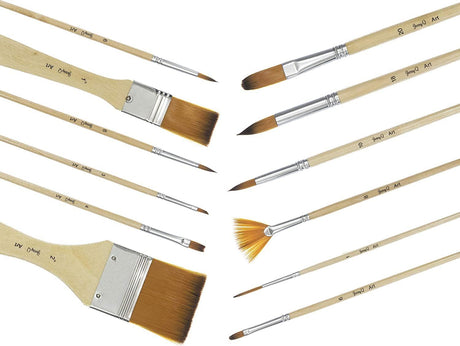 24 Pcs Artist Paint Brush Set Carry Pouch for Watercolor, Acrylic, Oil, Canvas, Paper, Ceramic, Golden Nylon Hair WoodArtSupply
