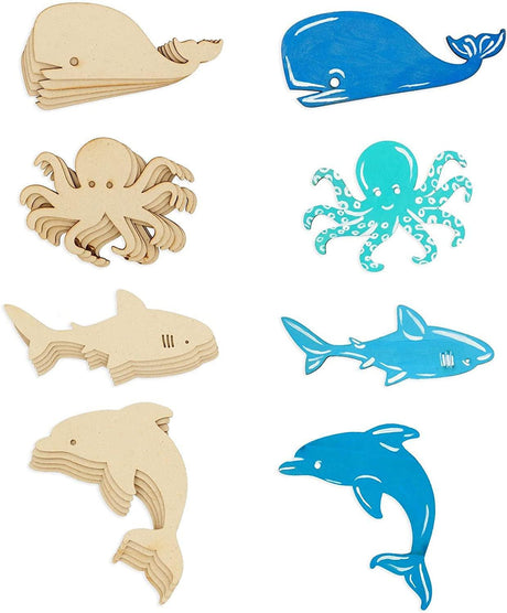 24 Pieces Unfinished Sea Creatures Wood Cutouts for Crafts, Wooden Ocean Animals (Octopus, Shark, Whale, Dolphin) WoodArtSupply