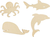 24 Pieces Unfinished Sea Creatures Wood Cutouts for Crafts, Wooden Ocean Animals (Octopus, Shark, Whale, Dolphin) WoodArtSupply