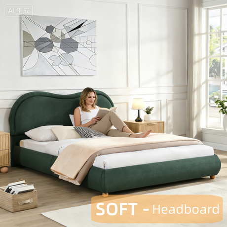 Queen Size Upholstered Platform Bed Frame with Rounded Corners Curved Headboard HouseOfZazla