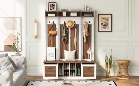 5 In 1 Entryway Bench With Coat Rack, 7 Sturdy Hooks, 2 Spacious Drawers And Adjustable Shelves HouseOfZazla
