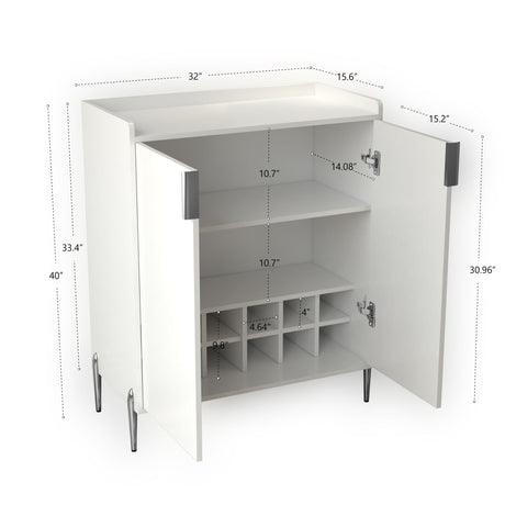 2 Door Wine Bar Cabinet With Adjustable Shelf, Soft-Closing Hinges, And High Feet - White HouseOfZazla