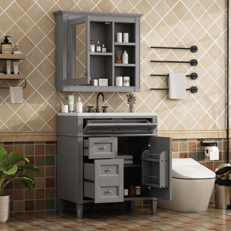 Bathroom Vanity With Medicine Cabinet, Royal Mirror Cabinet, Modern Bathroom Storage Cabinet With 2 Soft Closing Doors And 4 Drawers HouseOfZazla