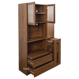 Tall Kitchen Pantry Cabinet With 4 Tier Side Shelf, 2 Drawers, Freestanding Food Hutch With Microwave Stand For Dining Room - Walnut