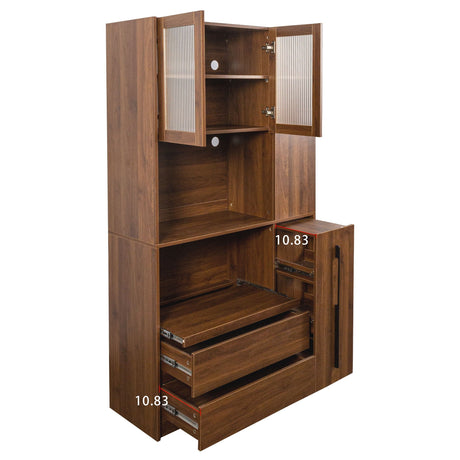 Tall Kitchen Pantry Cabinet With 4 Tier Side Shelf, 2 Drawers, Freestanding Food Hutch With Microwave Stand For Dining Room - Walnut HouseOfZazla