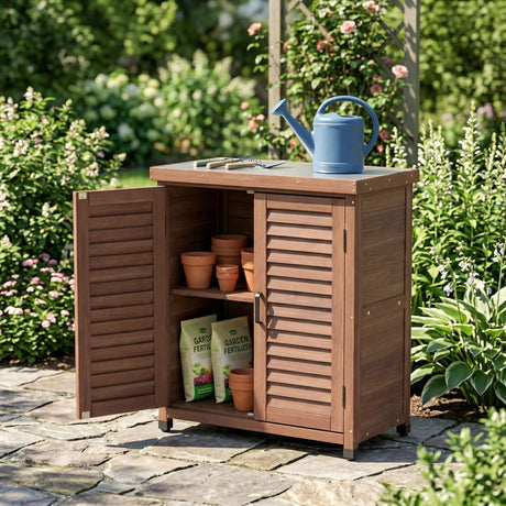 Potting Bench With Storage Cabinet And Metal Table Top For Outdoor HouseOfZazla