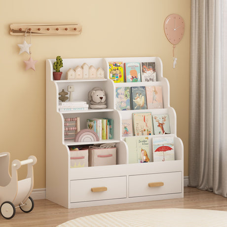 Bookshelf With 2 Storage Drawers, Front Facing Bookcase And Toy Organizer, Multi Tier Reading Shelf - White HouseOfZazla