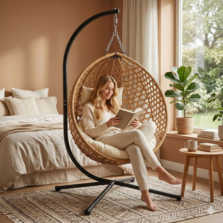Folding PE Rattan Hanging Egg Chair with Stand HouseOfZazla