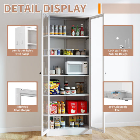 Industrial Metal Kitchen Pantry Cabinet With Adjustable Shelves - White HouseOfZazla
