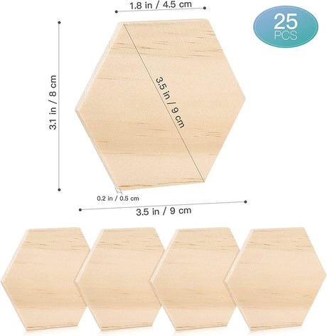 25Pcs Unfinished Wood Cutout Shapes Hexagon Shape Wooden Slices Blank Name Tags with Hole Gift Tags for Party Home (9 Cm) WoodArtSupply