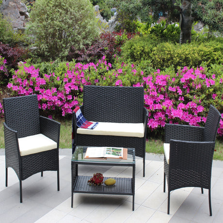 4 PC Rattan Patio Furniture Set Outdoor Cushioned Wicker Sofa HouseOfZazla