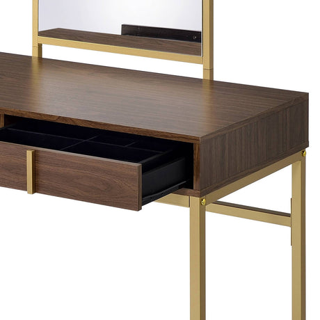 Coleen Walnut & Gold Finish Vanity Desk with Mirror & Jewelry Tray HouseOfZazla