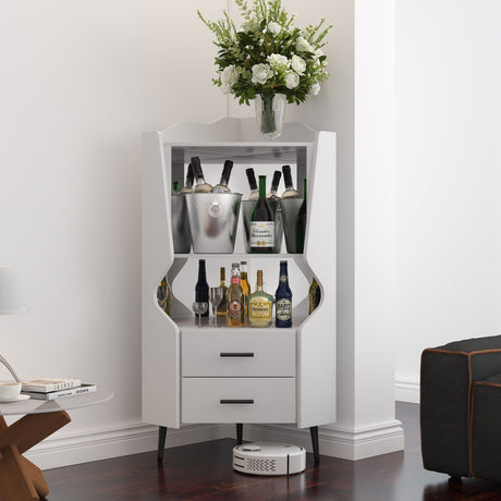 Corner Bar Cabinet With Mirrored Back, 2 Open Shelves & 2 Drawers HouseOfZazla