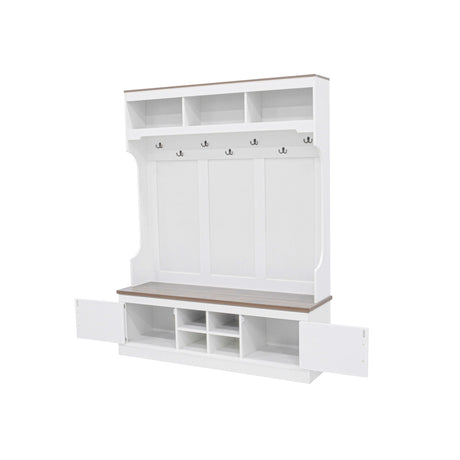 Hall Tree With Bench And Shoe Storage, 5 In 1 Entryway Organizer Cabinet With Coat Rack, 4 Shoe Cubbies & 7 Hooks - White HouseOfZazla