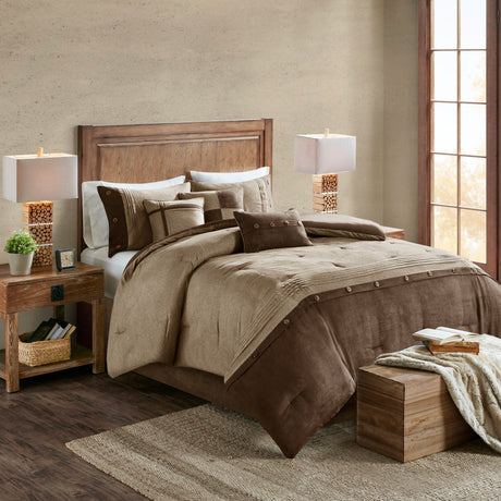 7 Piece Faux Suede Comforter Set Brown King HouseOfZazla