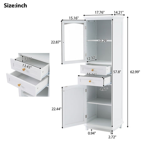 Tall Bathroom Storage Cabinet With Glass Doors, Free-Standing, Two Drawers, And Adjustable Shelves, Board, Painted Perfect For Displaying Your Favorite Items HouseOfZazla