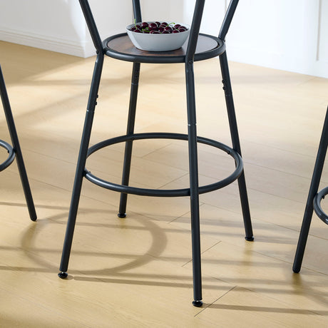 Rustic Brown Round Bar Table And Stool Set With Shelf, Upholstered Stool With Backrest - Antique Brown HouseOfZazla