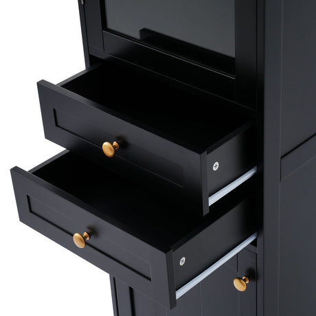 Tall Bathroom Storage Cabinet With Glass Doors, Free-Standing, Two Drawers, And Adjustable Shelves, Board, Painted Perfect For Displaying Your Favorite Items HouseOfZazla