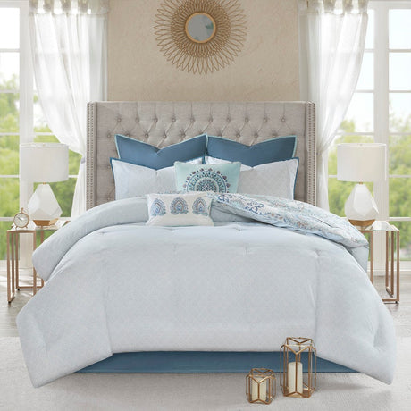 8 Piece Cotton Floral Printed Reversible Comforter Set Blue HouseOfZazla