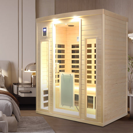 Low EMF, There is also a heating plate on the glass door, Hemlock wood Far-infrared indoor Three person sauna room HouseOfZazla