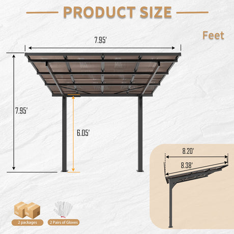 8x8FT Outdoor Carport with Galvanized Steel Frame and Sloped PC Roof HouseOfZazla