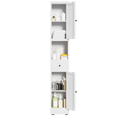 Tall Bathroom Storage Cabinet, 5-Tier Narrow With 2 Doors & Adjustable Shelves, Freestanding - White HouseOfZazla