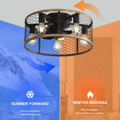 20" Industrial Caged Ceiling Fan, With 7 - ABS Blades Remote Control Reversible DC Motor, Small Flush Mount Ceiling Fan For Farmhouse - Black HouseOfZazla