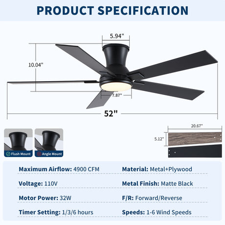 Low Profile Flush Mount Intergrated LED Ceiling Fan With Light And Reversible Quiet Motor HouseOfZazla