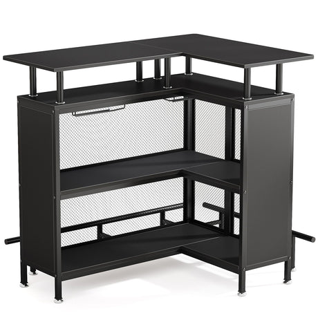 L Shaped Home Mini Bar Table With 2 Tier Shelves & Glass Racks - Black HouseOfZazla
