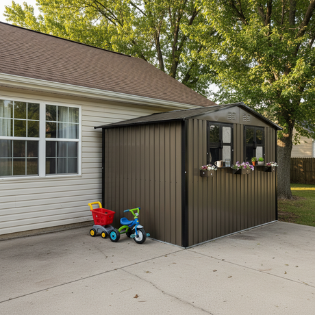 6x9 FT Outdoor Metal Storage Shed with Window & Flower Rack HouseOfZazla